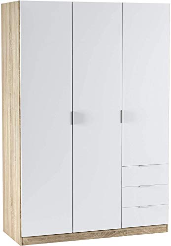 Mobelcenter – Armario 3 Puertas 3 Cajones – Armario Matrimonio Acabado Color Blanco Artik y Roble Canadian – Medidas: Ancho: 121 cm x Fondo: 52 cm x Alto: 180 cm - (0984)