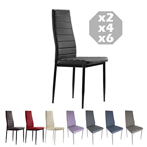 MOG CASA - Conjunto de 2, 4 o 6 sillas de Comedor con Patas metálicas y tapizadas de Piel sintética alcochado - Dimensiones 42x42x98cm (Negro, 4)