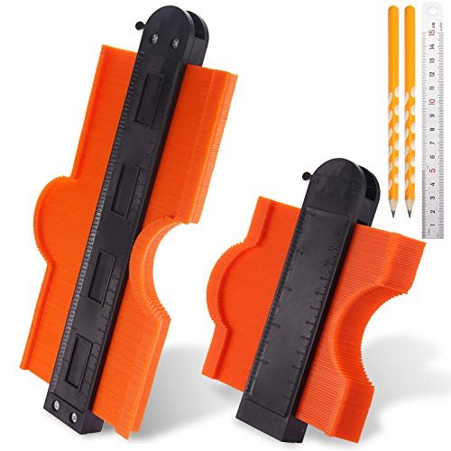 MOOING 2 Piezas Medidor de Contorno con Cerradura, Medidor de Duplicación de Contorno de 12.5cm y 25cm,Precisa Medición para Esquinas Irregulares, Curvas y Laminado (2 Piezas,Naranja +Regla + Lápices)