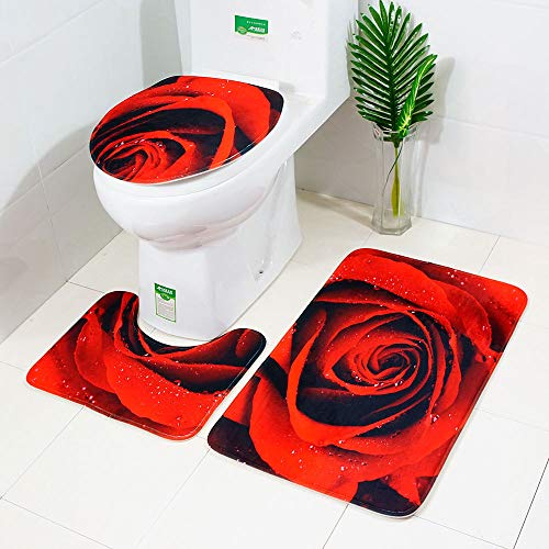 Morbuy Juego de 3 Piezas de Alfombra de baño Antideslizante + Tapa de Inodoro + Alfombrilla de baño - Impresión 3D Rose (45 * 75cm,Rosa roja)