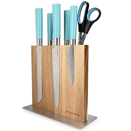 Navaris Soporte magnético para cuchillos de doble lado - Bloque magnético de acacia para cocina - Base magnética de madera con doble espacio