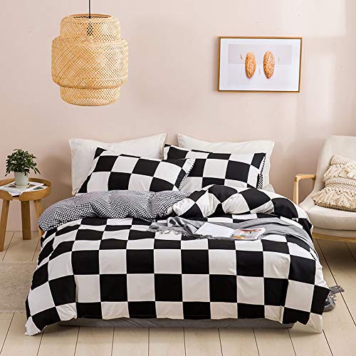 N/C Ropa de cama de microfibra, 135 x 200 cm, color blanco y negro, 2 piezas, con cremallera, diseño a cuadros, funda de edredón, 1 funda de almohada de 80 x 80 cm