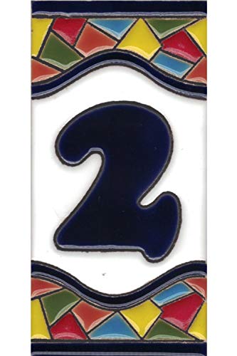 Números casa exterior - Placa Puerta - Cerámica esmaltada - Pintados a Mano con la técnica de la cuerda seca - Nombres y direcciones - Modelo Grande Mosaico 7,5 cms x 15 cms (Número Dos"2")