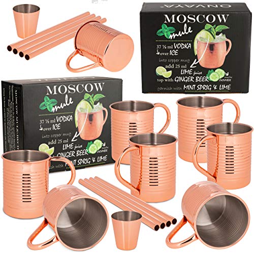 ONVAYA® Juego de vasos Moscow Mule para regalo | Vasos de cobre para cócteles | Tazas de cobre | Juego completo Gin Mule | Munich Mule (Diseño de latas 2 x 4 unidades)
