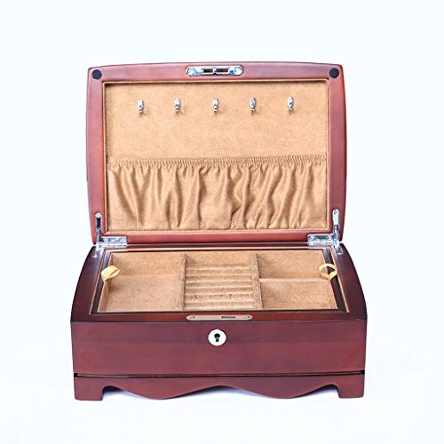Organizador de caja de joyería de madera con cerradura y llave para mujer, organizador de almacenamiento de cajas, 2 capas de almacenamiento Bandeja extraíble para pulsera con anillo de pendiente