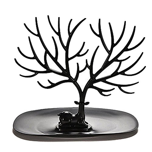 Organizador y soporte para joyas con diseño de árbol de astas de ciervo decorativo NUOLUX, color negro con bandeja para anillos
