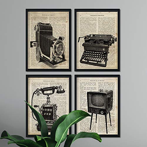 Pack de Cuatro láminas Vintage Camara de Fotos, máquina de Escribir, telefono y televisión con definiciones fotografía, emociones, Amistad y comunicacion Tamaño A4 - Sin Marco. 250 Gr Pack de Cuatro láminas Vintage Camara de Fotos, máquina de Escribir, telefono y televisión con definiciones fotografía, emociones, Amistad y comunicacion Tamaño A4 - Sin Marco. 250 Gr