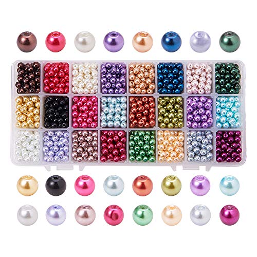PandaHall Elite 1440 Pcs Cuentas Redondas de Cristal, de Estilo Perla, 24 Colores 6 mm de Diámetro, Agujero: 1 mm