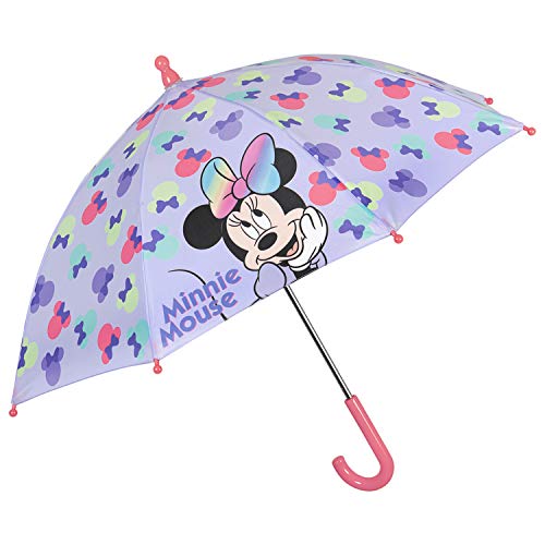 Paraguas Minnie con Moño Multicolor para Niñas de 3 4 5 Años - Paraguas Disney Manual Corta Viento Niña - Paraguas Largo Fantasía Minnie Mouse - Diámetro 66 cm - Perletti