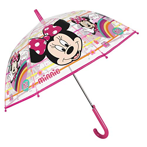 Paraguas Niña Minnie Mouse 4 5 6 Años - Paraguas Transparente Clásico Cúpula Burbuja para Niñas - Paraguas Disney Infantil Resistente al Viento con Apertura Automática - Diámetro 74 cm PERLETTI (Rosa)