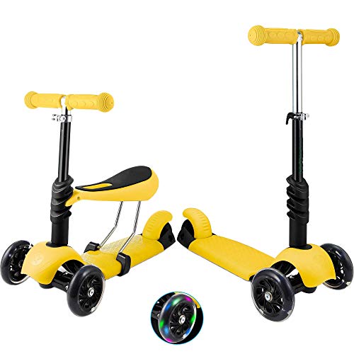 Patinete de 3 ruedas para niños pequeños y niñas, 2 en 1, con asiento desmontable, ruedas de luz LED, manillar de aluminio regulable en altura, base antideslizante, color amarillo Patinete de 3 ruedas para niños pequeños y niñas, 2 en 1, con asiento desmontable, ruedas de luz LED, manillar de aluminio regulable en altura, base antideslizante, color amarillo