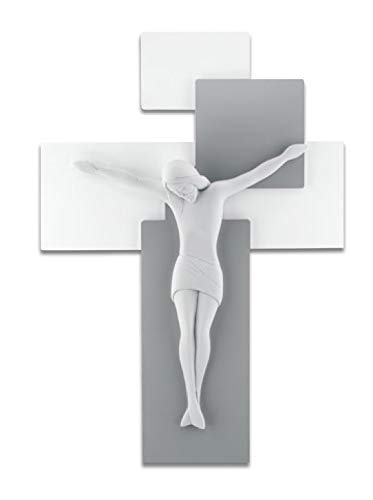 Pequeño crucifijo de pared, moderno, 17 x 12 cm, hecho de tablero de fibra de densidad media (MDF), color gris y blanco, Cristo hecho de marmorino blanco - ME12101GB