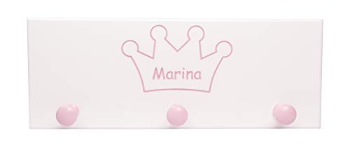 Perchero de Pared Infantil (Nombre Personalizable) Lacado en Blanco con diseño Corona • Colgador Perchero Tallado en Color Rosa • Medidas: 45x17x6,6 cm
