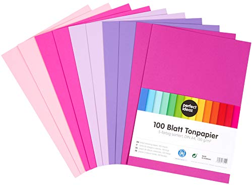 perfect ideaz Papel tintado A4 100 hojas de colores,rosa, pink, lila, morado, eosin, 5 colores diferentes, grosor de 130g/m², Papel para manualidades de la mayor calidad
