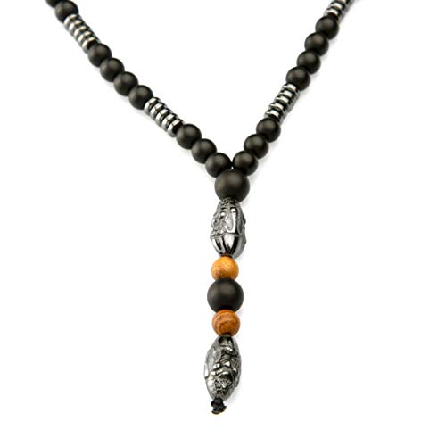 PerlaStyle Collar para Hombre con Piedra Hematita Colgante Buda Estilo Vikingo,Collar Rosario Budista Tibetano de ónix Mate Negro de 6mm
