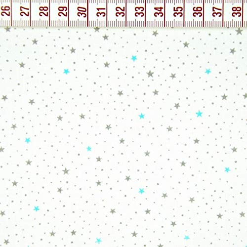 Pingianer Tela de algodón 100 % para niños, diseño de estrellas, por metros, artesanía, tela de costura (estrellas, color blanco, gris y turquesa, tamaño mini, 100 x 160 cm)