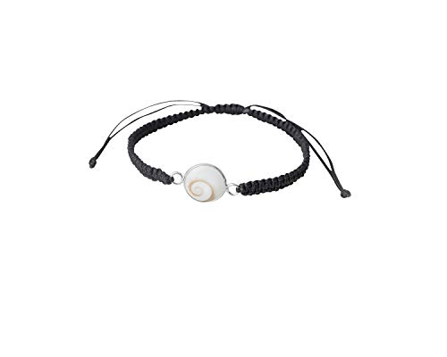 Pulsera Plata con Concha Natural hecha a mano de Macramé/Pulsera UNISEX/Colores Negro Verde Rosa Beige/Piedra Santa Lucía Natural - Ojo de Shiva/Pulsera ajustable de Hilo/COLOR NEGRO