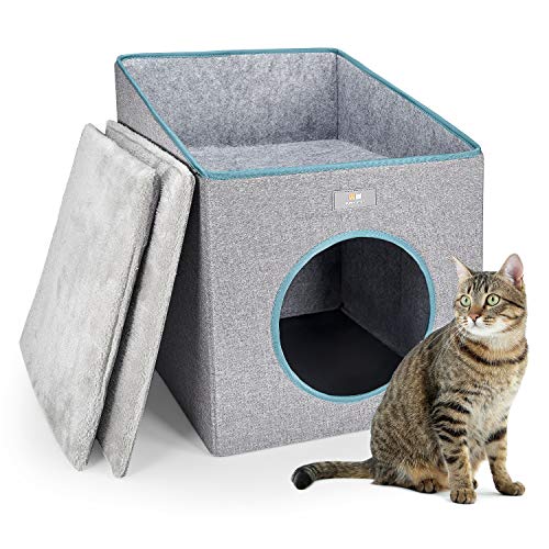 PUPPY KITTY Casa Plegable Para Gatos Con Terraza, Cueva Para Gatos y Perros Con Cojín Interior Supersuave Para Gatos y Cachorros, 37 x 36 x 49 cm, Gris