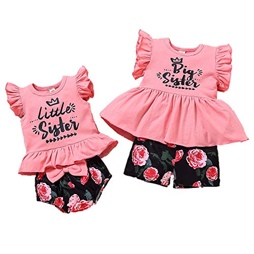 puseky Conjunto de ropa de verano para bebé y hermana pequeña con volantes y pantalones cortos florales