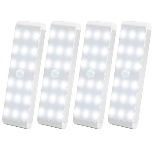 Racokky Luces de Noche LED, Pack de 4 Luces 18 LEDs con Sensor de Movimiento,Lámpara Nocturna USB Recargable,Luz inalambrica cálida para Escaleras, Guardarropa, Porche, Armario, Cocina, Dormitorio