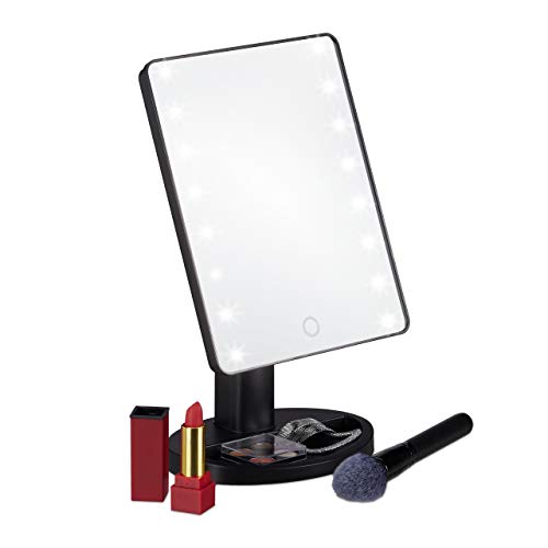 Relaxdays Espejo de Maquillaje con LED, con pie, Ajustable, 28,5 x 17 x 12 cm, 1 Ud., Negro, 10029530