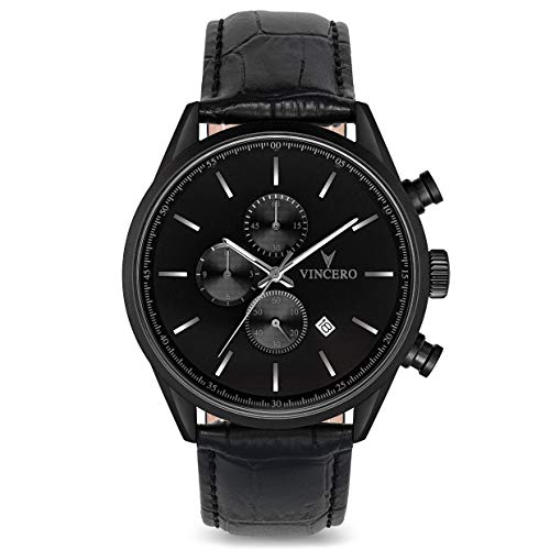 Reloj de Pulsera Chrono S Caballeros Vincero – Negro Mate con Correa de Cuero Negro – Reloj Cronógrafo de 43mm – Movimiento de Cuarzo Japonés