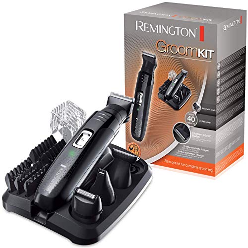 Remington PG6130 Groomkit - Recortador multifunción, cuchillas con revestimiento de titanio autoafilables, cuatro cabezales, inalámbrico, batería, negro