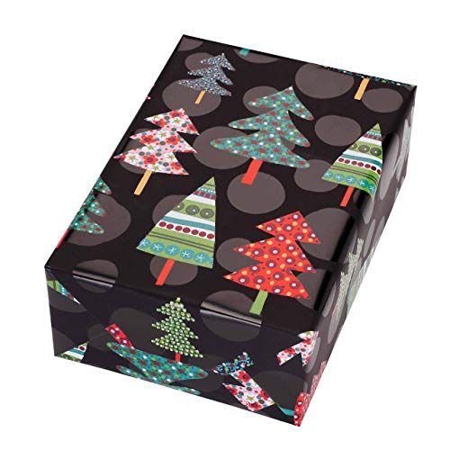 Rollo de papel de regalo (50 cm x 50 m), diseño de abetos Montana, puntos y colorida Agrande desde el fondo color negro mate. Para Navidad, Cumpleaños, niños.