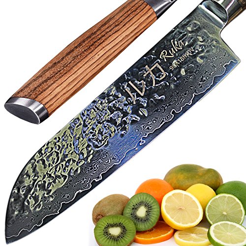 Ruka - Cuchillo Santoku de 19 cm de acero de Damasco, aspecto martillado, afilado, cuchillo Santoku Damasco japonés de 67 capas, mango ergonómico