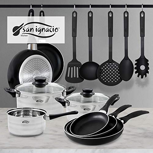 San Ignacio PK2435 Bateria Piezas (3 cuerpos y 2 Tapas), Juego de 3 sartenes (16,20,24 cm), inducción, y 5 Utensilios de Cocina, Acero Inoxidable San Ignacio PK2435 Bateria Piezas (3 cuerpos y 2 Tapas), Juego de 3 sartenes (16,20,24 cm), inducción, y 5 Utensilios de Cocina, Acero Inoxidable