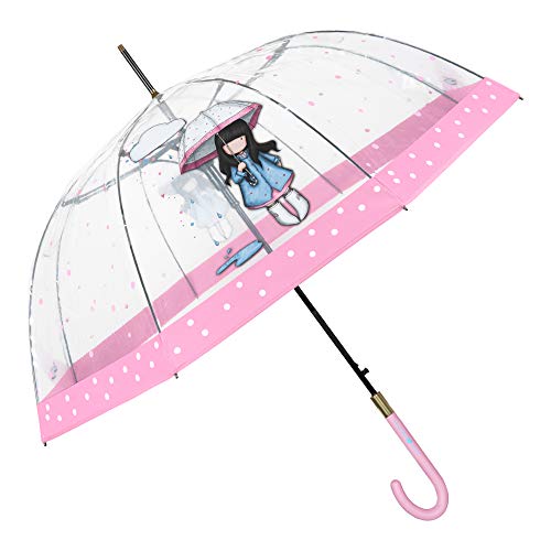 Santoro Gorjuss Paraguas Transparente Cupula Puddles of Love Mujer Niña - Paraguas Clasico Burbuja Estampado Muñeca Dots y Borde Rosa - Paraguas Antiviento Robusto Automatico - Diametro 89 cm