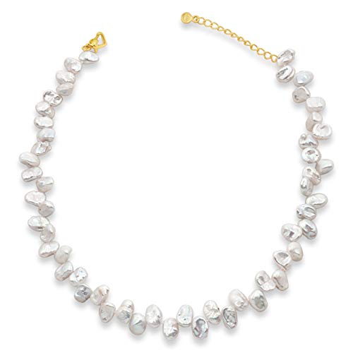 Secret & You Collar de Perlas de Mujer Cultivadas de Agua Dulce Barrocas Keshi de 38 cm de Largo con Cadena de Extensión Perlas Barrocas Keshi de 9-10 mm con Nudo Entre Cada Perla.