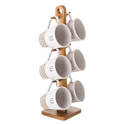 Set de 6 tazas de café y té con soporte blanco nórdico stoneware de madera de 17x11x39 cm - LOLAhome