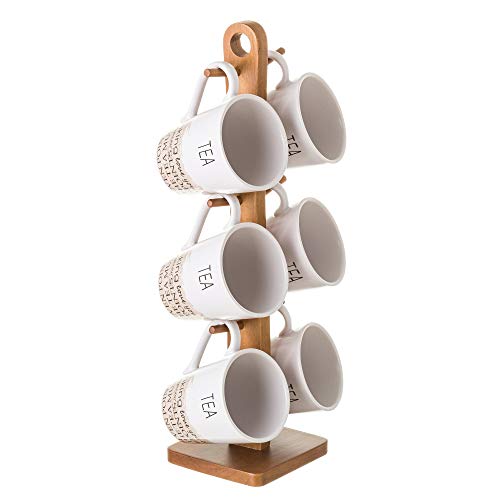 Set de 6 tazas de café y té con soporte blanco nórdico stoneware de madera de 17x11x39 cm - LOLAhome Set de 6 tazas de café y té con soporte blanco nórdico stoneware de madera de 17x11x39 cm - LOLAhome