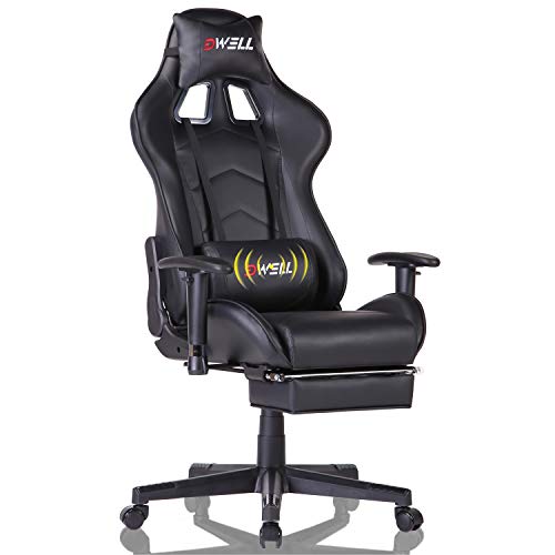 Silla Gaming con Reposapiés，Silla Ergonómica Racing, Silla de Oficina con reposacabezas y cojín Lumbar,Silla Oficina con Ruedas, Ajustable en Altura,Apoyabrazos Ajustables,para casa y Oficina (Negro)