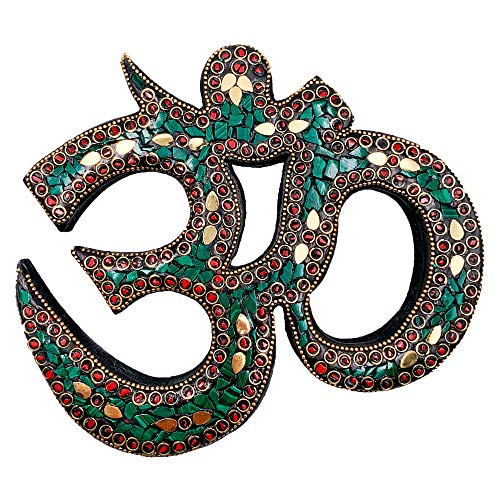 Snadi Escultura Om Color Verde - 8 ‘’ 23 x 21 cm. Accesorios meditacion, Colgador de Pared con Gancho. Decoracion Hindu con Inserciones de Metal y pequeñas Piezas esmaltadas.
