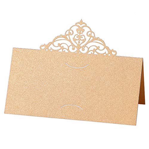 STOBOK - 50 tarjetas de ubicación cortadas con láser para decoración de bodas, fiestas de cumpleaños, San Valentín, color blanco, color de oro 9 x 9 cm