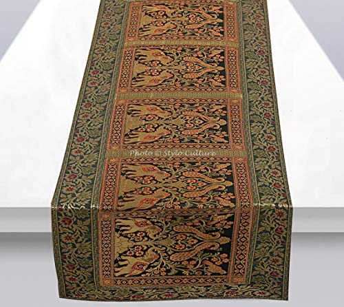 Stylo Culture Elefante Decorativo Camino De Mesa Dorado Jacquard para Comedor Verde Oro Decoración del Hogar Brocado Indio Pavo Real | 60 Inch (152 x 40 cm)