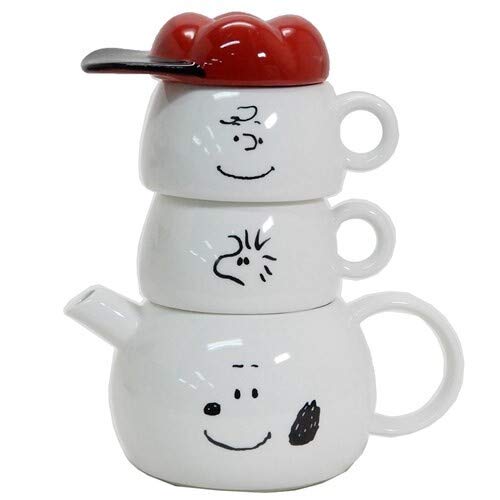 SUNART Snoopy Juego de té por dos, tetera de cerámica y 2 tazas de té, vajilla apilable Snoopy and Friends, importación japonesa, Snoopy blanco cerámica SPY-386