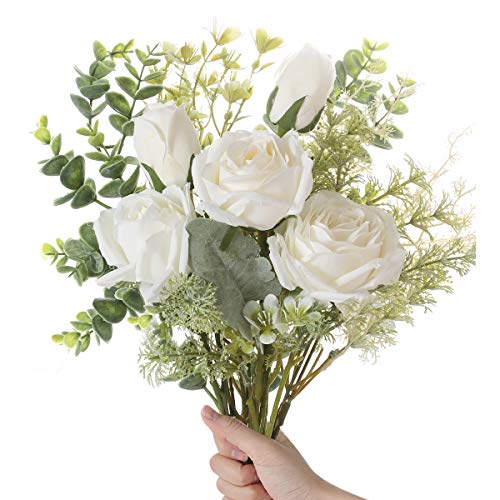 SUNNEGO Flores artificiales para decoración de flores artificiales, mezcla de rosas blancas, para decoración del hogar, boda, fiesta, color blanco