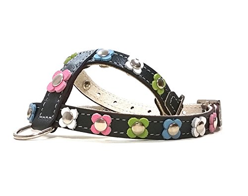 Superpipapo Original Arnés para Perros, Cuero Negro, Correa Opcional, Hippie Vintage con Bonitas Flores Color Pastel Rosa, Verde, Azul, Blanco, Mediano, M: Cuello 27-32 cm, Pecho 42-47 cm