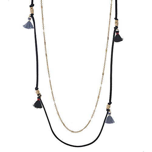 Tata Gisèle - Collar largo de fantasía, dos filas de metal dorado y antelina – Cadena de eslabones planos – ante negro con pompón de flecos y decoración de metal dorado – 89 cm Tata Gisèle - Collar largo de fantasía, dos filas de metal dorado y antelina – Cadena de eslabones planos – ante negro con pompón de flecos y decoración de metal dorado – 89 cm