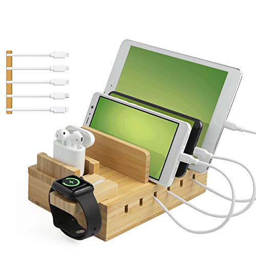 TechDot Estación de carga USB de bambú para teléfono móvil, varios dispositivos, 5 puertos USB, estación de carga de bambú para teléfonos móviles, smartphones, tabletas, estación de carga de madera