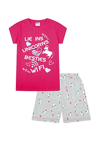 ThePyjamaFactory - Pijama corto para niñas, diseño con texto en inglés «Lie Ins Unicorns Besties Wifi», de 9 a 16 años, color rosa Rosa rosa 11-12 Años