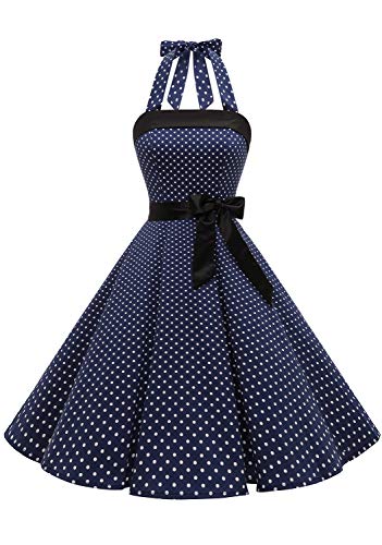 Timormode – Vestido de cóctel sexy, retro, vintage, para mujer, diseño de los años 40, 50 y 60, estilo Rockabilly, con escote B- Bleu Marine Blanc S XL