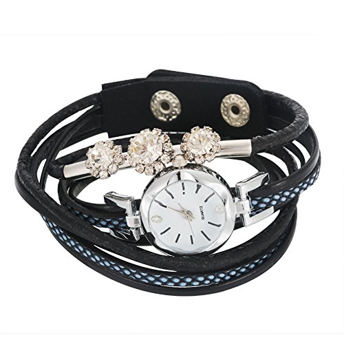 TMISHION 4 Colores Mujeres Rhinestone Correa de PU Dial Redondo Reloj de Pulsera de Cuarzo Reloj de Pulsera Reloj de Pulsera Reloj de Pulsera de Mujer Reloj de Pulsera de Diamantes(Negro)