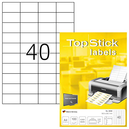 TopStick 8698 - Etiquetas autoadhesivas universales A4 pequeño (52,5 x 29,7 mm, papel) 100 hojas, 40 etiquetas por hoja, 4000 etiquetas, para impresoras inkjet y láser