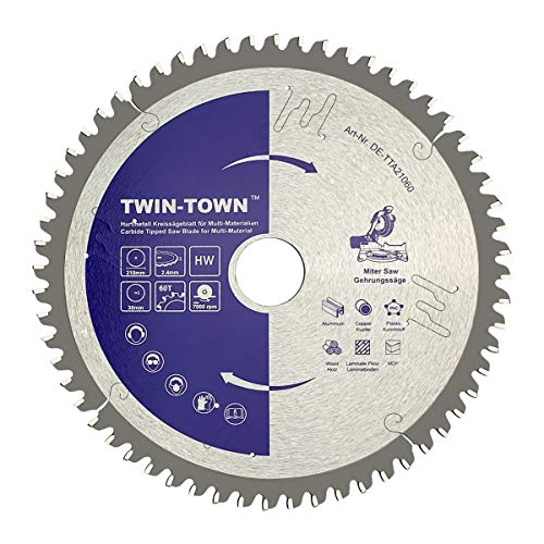 TWIN-TOWN HM - Hoja de sierra circular multimaterial (210 x 30 mm, Z60, ideal para madera, laminado, MDF, aluminio, plástico, parqué, rodapiés y cobre)