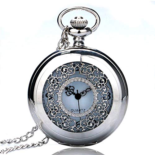 UIEMMY Reloj de bolsillo con colgante vintage hueco exquisito, rejas elegantes, retro, regalo para hombres y mujeres, reloj de bolsillo con cadena de cuarzo plateado, 2