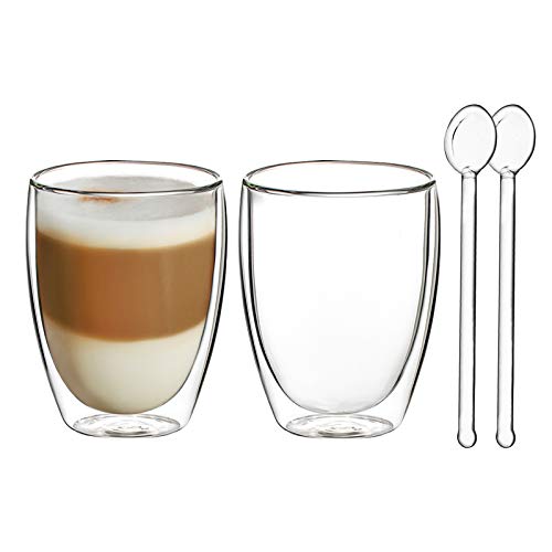 Vasos de Café de Doble Pared Juego de 2-250ml Vasos de Vidrio Borosilicato para Té, Latte, Leche, Cappuccino, Jugo - 2 Cuchara de Vidrio Gratis